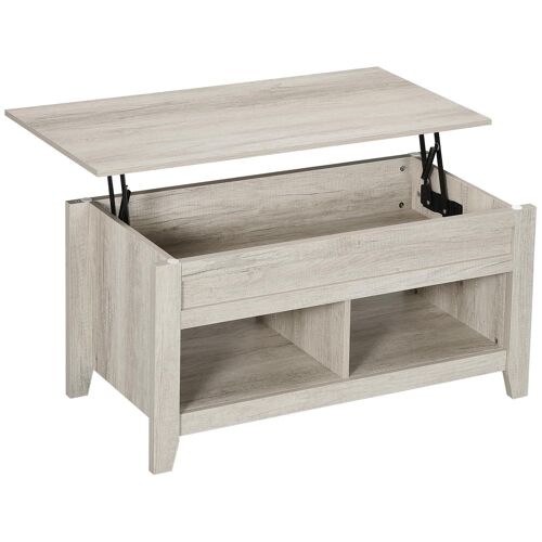 Table basse rectangulaire plateau relevable 2 niches et coffre panneaux particules aspect chêne clair