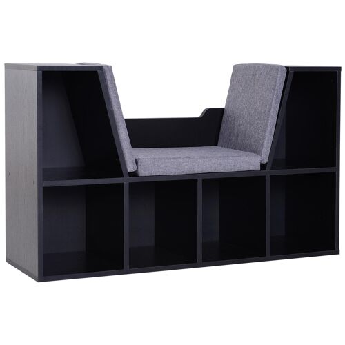 Bibliothèque banc 2 en 1 design contemporain 6 casiers 3 coussins fournis 102L x 30l x 61H cm noir gris