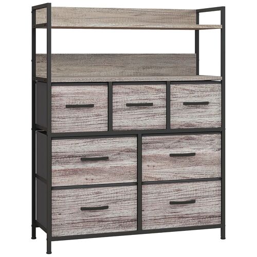 Commode style industriel - 7 tiroirs, 2 étagères - acier noir MDF non tissé effet bois gris