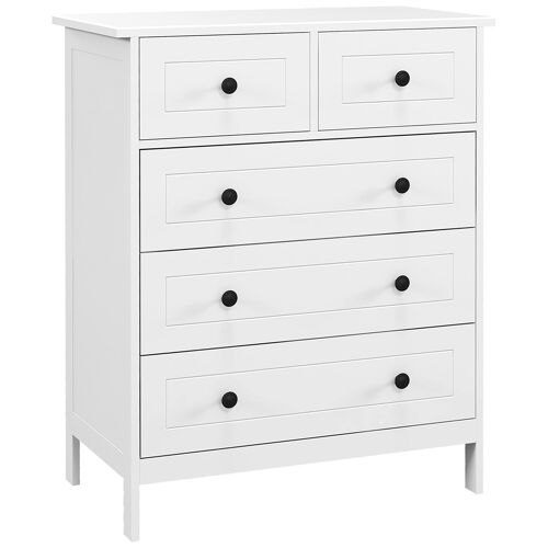 Commode 5 tiroirs style contemporain poignées boutons métal noir MDF panneaux blanc