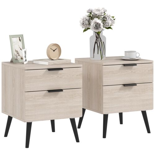 Lot de 2 chevets tables de nuit style nordique - 2 tiroirs - piètement effilé bois noir aspect chêne clair