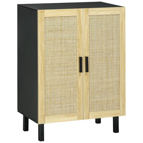 Buffet 2 portes 2 étagères réglables style bohème chic cannage en rotin panneaux aspect bois clair noir