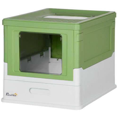 Maison De Toilette Pliable Pour Chat - Tiroir À Litière Coulissant, Porte Battante Et Trappe Transparente, Pelle - Blanc Vert