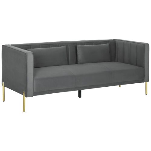 Canapé 3 places design contemporain - 2 coussins inclus - piètement circulaire métal doré velours gris