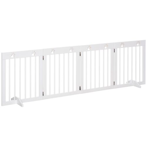 Barrière De Sécurité Pour Animaux - Barrière Modulable Pliable 4 Panneaux - Motif Patte - 2 Pieds Support - Bois De Pin Blanc