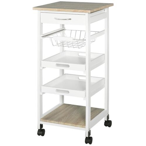 Chariot De Service Desserte De Cuisine À Roulettes Panier + 2 Plateaux Amovibles, Tiroir, Étagère Mdf Chêne Clair Bois Pin Blanc
