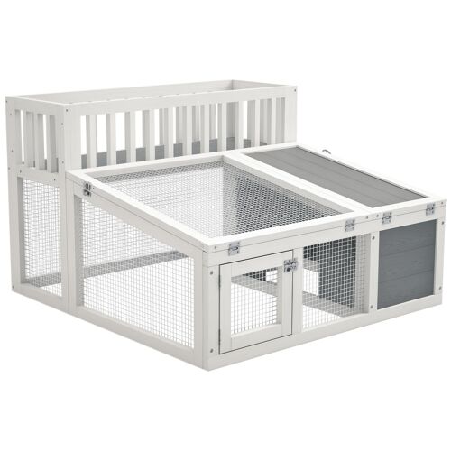 Clapier Cage Lapin Design - Espace Déco, Niche, Enclos, Nombreuses Portes - Bois Gris Blanc