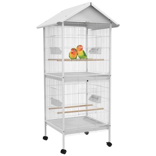 Volière Cage À Oiseaux Sur Roulettes Design Maison Mangeoires Perchoirs 10 Portes Plateaux Excréments Amovibles Acier Blanc