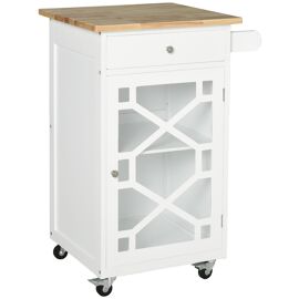 Desserte De Cuisine À Roulettes - Tiroir, Placard, Porte-Serviette - Mdf Blanc Plateau Bois Hévéa