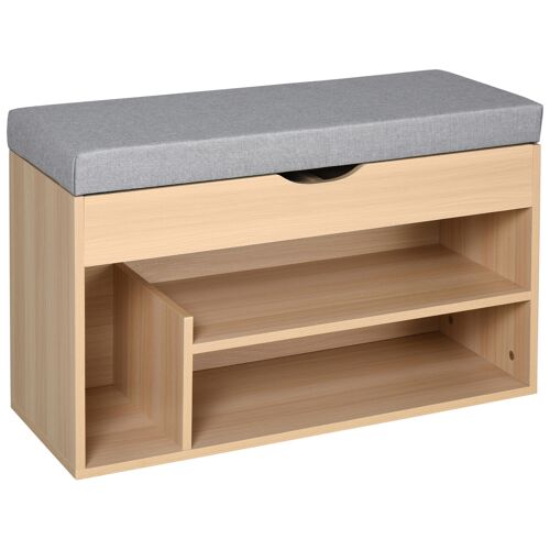 Meuble chaussures banc à chaussures 2 niveaux rangement, niche + coffre intégré avec coussin beige gris