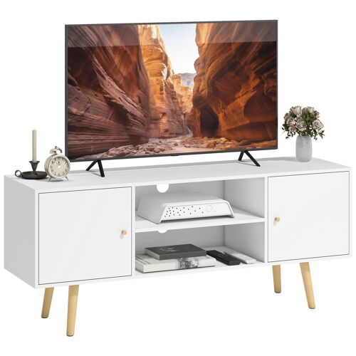 Meuble TV style scandinave 2 portes 2 niches bois pin panneaux blanc