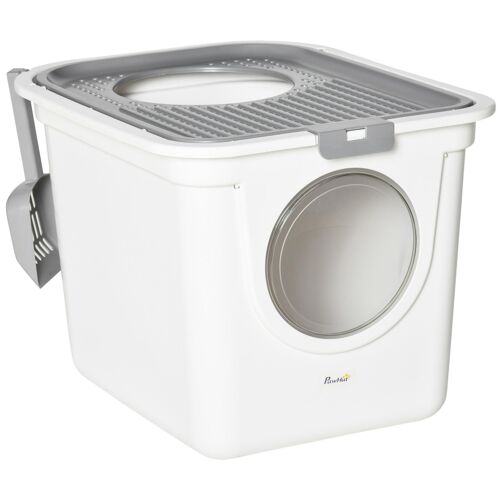 Maison De Toilette Litière Pour Chat Double Porte Battante Et Supérieure - Pelle Incluse - Blanc Gris