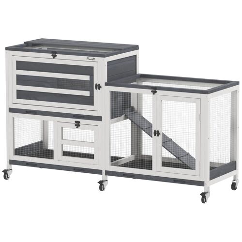 Clapier Lapin Sur Roulettes - 3 Portes, 2 Toits Ouvrants - 3 Plateaux Déjection - Bois Métal Blanc Gris