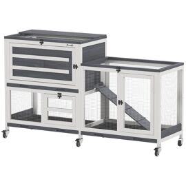 Clapier Lapin Sur Roulettes - 3 Portes, 2 Toits Ouvrants - 3 Plateaux Déjection - Bois Métal Blanc Gris