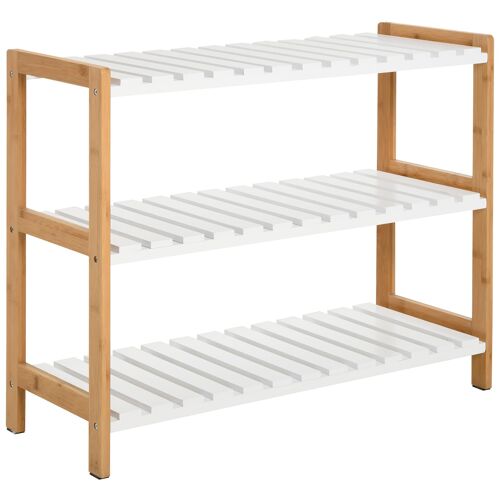 Etagère à chaussures, étagère de rangement, meuble chaussures 3 niveaux bambou MDF blanc
