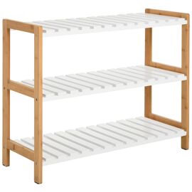 Etagère à chaussures, étagère de rangement, meuble chaussures 3 niveaux bambou MDF blanc