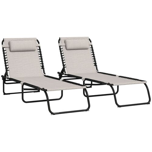 Lot De 2 Bains De Soleil Transats Pliables Inclinables Acier Lacets Élastiques Noir Textilène Crème