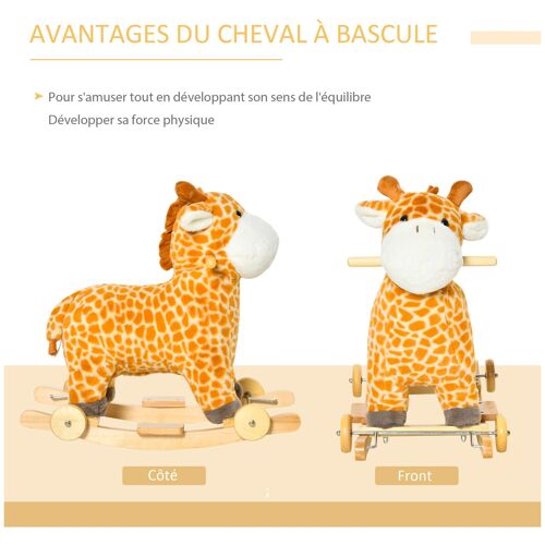 Jouet à bascule girafe et porteur sur roulettes 2 en 1 fonction sonore mugissement bois peuplier peluche courte polyester tacheté