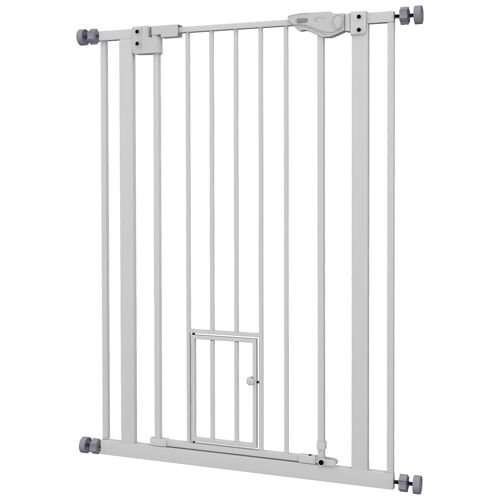 Barrière De Sécurité Animaux - Longueur Réglable Dim. 74-80 Cm - Porte Double Verrouillage, Ouverture Double Sens, Petite Porte -Sans Perçage - Acier Plastique Blanc