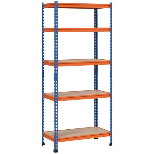 Rayonnage charges lourdes ou volumineuses - étagère garage - 5 tablettes réglables en hauteur - métal bleu orange MDF