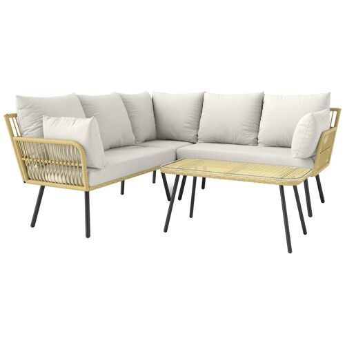 Salon De Jardin D'angle 5 Places Style Bohème Chic - Coussins, Table Basse Inclus - Résine Tressée Aspect Rotin