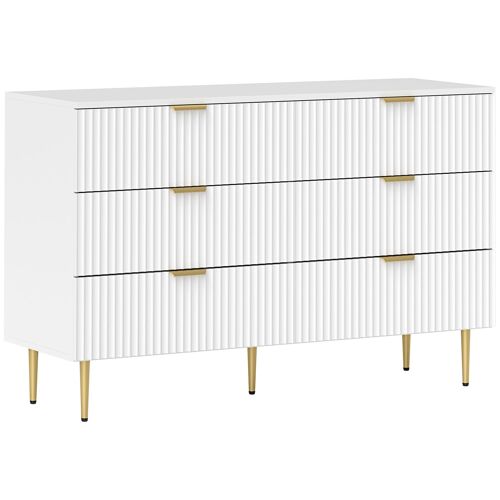 Commode 6 tiroirs design effet cannelé piètement poignées métal doré blanc