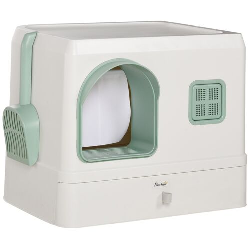 Maison De Toilette Chat Design Maisonnette - Pelle, 2 Désodorisants, Plateau Coulissant Intégrés - Blanc Vert