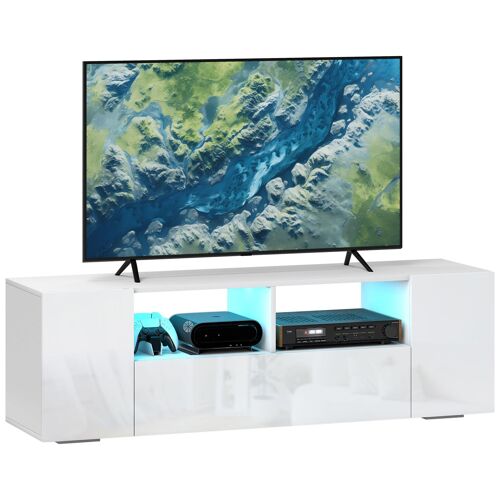 Meuble TV banc TV LED 2 étagères placards blanc laqué