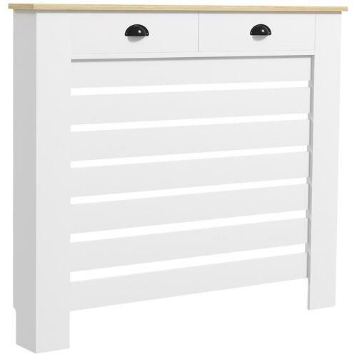 Cache-radiateur design panneau avec tiroirs - grille d'aération horizontale à lattes - dim. 111L x 19l x 95H cm - MDF effet bois clair blanc