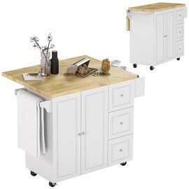 Desserte De Cuisine Multi Rangement 3 Tiroirs 2 Portes Avec Étagère Rack Épices Porte-Torchons Plateau Rallonge Hévéa Mdf Blanc