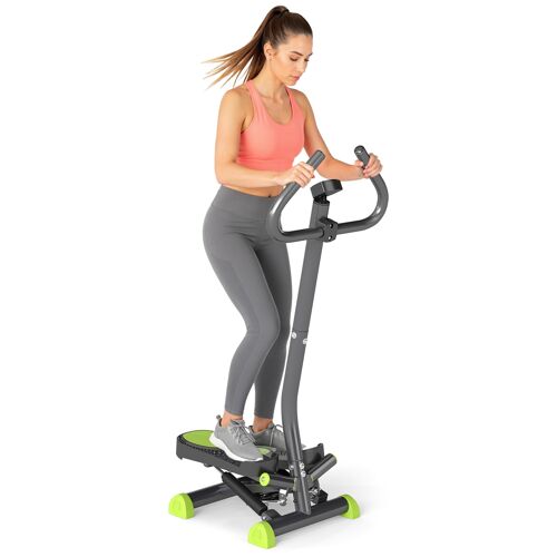 Stepper Fitness Avec Guidon Ergonomique - Écran Lcd Multifonction - Résistance Réglable - Acier Gris Vert Noir