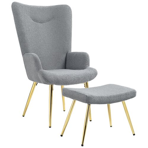 Ensemble fauteuil à oreilles repose-pieds style néo-rétro piètement acier doré effet laine bouclée grise