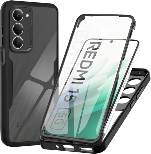 ELVORIX-Coque pour Xiaomi Redmi 15 4G¿EU¿, Transparent Housse avec Protection écran, 360 Degrés Double Protection Antichoc Coque Silicone Intégrale Etui, Noir