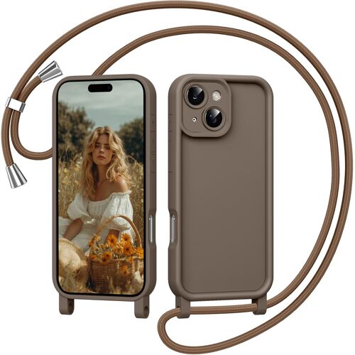 ELVORIX-Coque pour iPhone 15 6,1"" avec Cordon, Silicone Souple Étui avec Lanyard Réglable Protection Complète Housse Antichoc Anti-Chute Lanière Bandoulière Case pour iPhone 15, Kaki