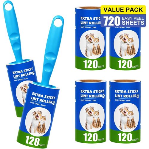 KALANKA-720 Feuilles Rouleau Poils Animaux 6 Rouleaux avec 2 Poignées, Extra Collant Rouleau Adhesif Vetement, Lint Roller pour VêTements, Cheveux, Canapé, Lit, Poils de Chat et Chien - 120/Rouleau