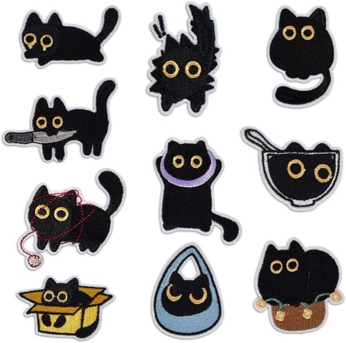 Kalanka-Lot De 10 Écussons Brodés En Forme De Chat Noir, Thermocollant Ecusson A Coudre,À Coudre/Auto-Adhésifs, Patchs De Broderie De Chat Noir Mignons Écusson Pour Vêtements, Sacs À Dos, Chapeaux