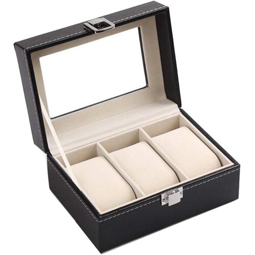 Kalanka-Boîte À Montres Avec 3 Compartiments Boîte De Rangement Pour Montres Bracelets Rangement Pour Montres En Pu Avec Couvercle En Verre,Doublure En Velours Idéal Pour Cadeau,Noir (15.8 * 11 * 8cm