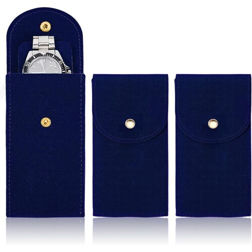 Kalanka-3 Pièces Boîtier Et Étui Montre Voyage En Flannel Fabric, Pochette De Voyage, Portable Montre De Stockage Sacs, Pratique Flanelle Tissu Pour Montres (Bleu)