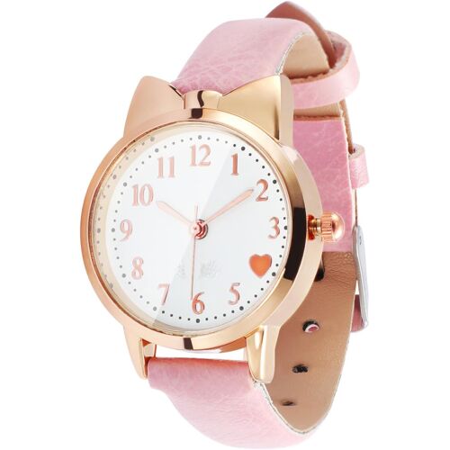Kalanka-Montres-Bracelets Pour Filles : Montre Analogique À Quartz Pour Enfants Avec Boîtier Rose Et Motif Chat - Joli Motif C?ur Pour L'anniversaire Des Filles