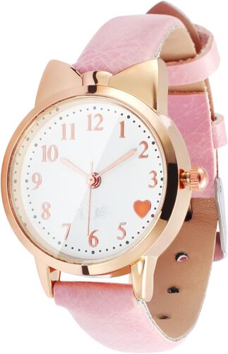 Kalanka-Montres-Bracelets Pour Filles : Montre Analogique À Quartz Pour Enfants Avec Boîtier Rose Et Motif Chat - Joli Motif C?ur Pour L'anniversaire Des Filles
