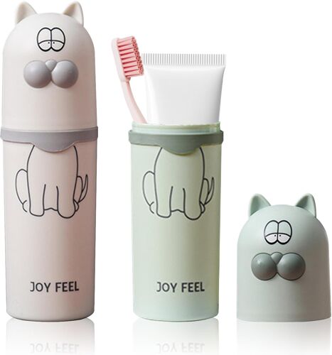 Kalanka-Etui Brosse A Dent Voyage, 2 Pcs Boîte À Brosse À Dents Pour Enfant Avec Dessin Animé Chat, Portable Protecteur De Brosse À Dents Dentifrice Pour Camping, Voyage, École, Domicile(Vert, Blanc) 