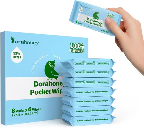 Kalanka-Lingettes Humides Toilette Format Voyage, 99% D¿Eau ¿ Sans Parfum & Hypoallergéniques ¿ Fibres Végétales ¿ Peaux Sensibles ¿ Adultes, Enfants & Bébés ¿ Lot De 8 (48 Lingettes) 