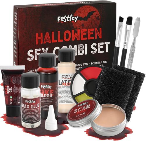 Kalanka-Kit Halloween Maquillage Sfx Complet Avec Faux Sang, Latex, Cire Maquillage Et Accessoires I Sang Halloween Pour Peau Et Vêtements I Fx Effets Spéciaux Réalistes