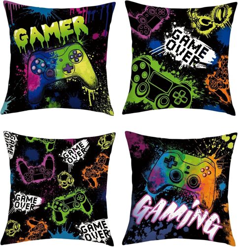 Kalanka-Housse Coussin 45x45 Lot De 4 Gaming Jeux Vidéo Taie D'oreiller Coloré Manette De Jeu Housse D'oreiller Pour Coussins Canapé Housses Home Décor