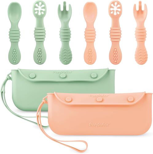 Kalanka-Lot De 6 Cuillères Et Fourchettes En Silicone Pour Bébé Avec 2 Sacs De Rangement Pour Couverts, Set D'utensiles D'auto-Alimentation Pour Bébé & Boîte À Couverts