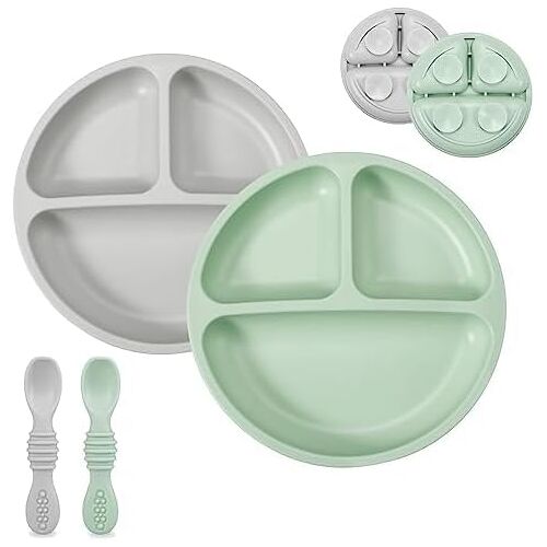 Kalanka-Ensemble D'alimentation Pour Bébé En Silicone | 2 Assiettes À Ventouse En Silicone Divisées Avec 2 Cuillères | Couverts D'alimentation Pour Bébé À Auto-Alimentation (Vert/Gris)