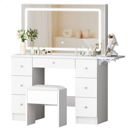 ALFORDSON Coiffeuse avec miroir et prises de courant, 7 tiroirs et plateau pliable, ensemble de coiffeuse de chambre avec tabouret de rangement, 3 modes d'éclairage, Blanc