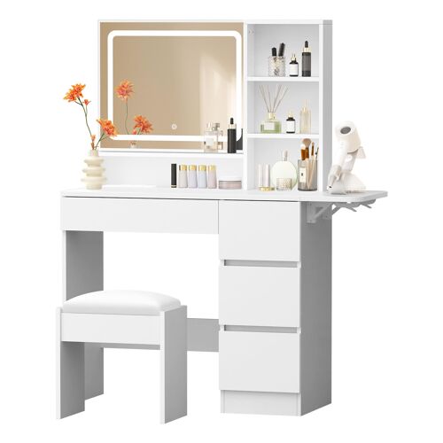 ALFORDSON Coiffeuse avec éclairage LED, luminosité réglable, grand miroir, table de maquillage avec 4 tiroirs et 4 étagères ouvertes, en bois, pour chambre à coucher, blanc