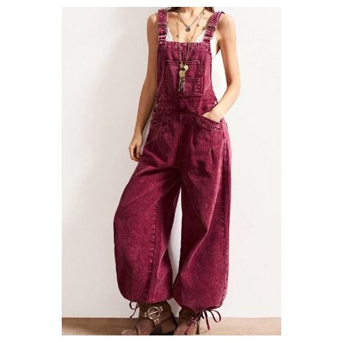 Combinaison Ample Couleur Rouge Style Bohème Effet Jean
