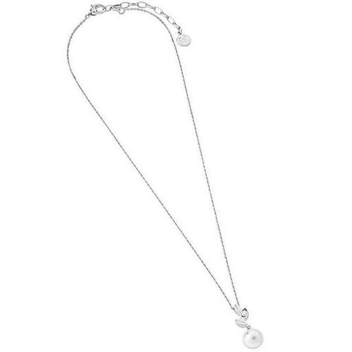 Collier Femme Majorica - Chaîne En Argent 925 Et Pendentif Perle Blanche Avec Détail Feuille Scintillant